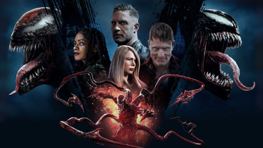 Bannière du film Venom: Let There Be Carnage réalisé par Andy Serkis, d’après un scénario de Kelly Marcel, avec Tom Hardy, Michelle Williams, Naomie Harris, Reid Scott, Stephen Graham et Woody Harrelson