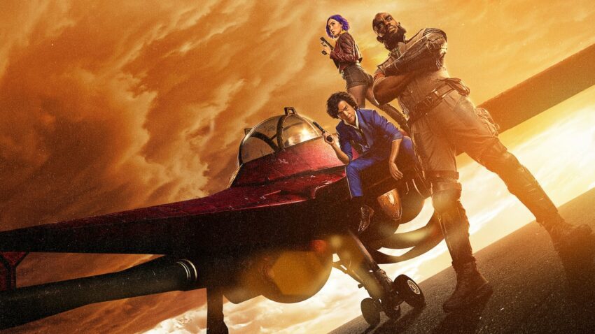 Bannière de la série Netflix, Cowboy Bebop, créée par Christopher L. Yost avec John Cho, Mustafa Shakir et Daniella Pineda