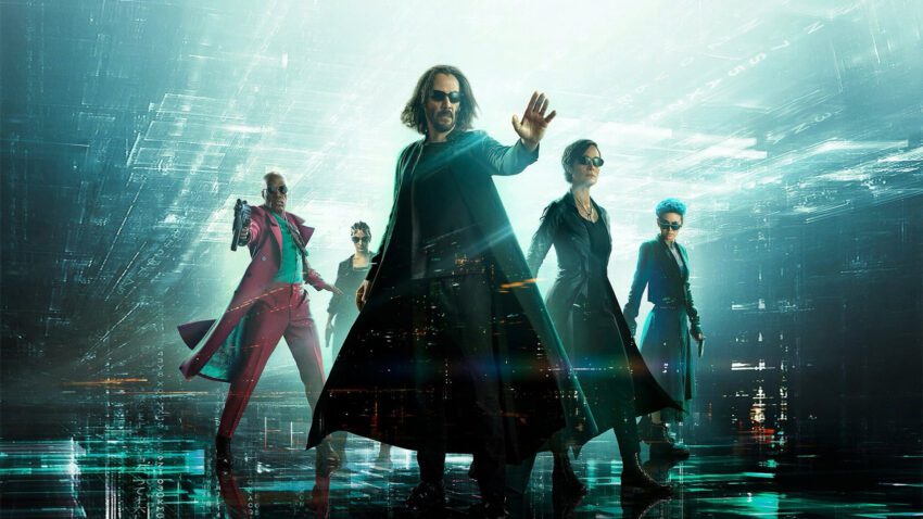 Bannière du film Matrix Resurrections réalisé par Lana Wachowski, d’après un scénario de Lana Wachowski & David Mitchell & Aleksandar Hemon, avec Keanu Reeves, Carrie-Anne Moss, Yahya Abdul-Mateen II et Jessica Henwick