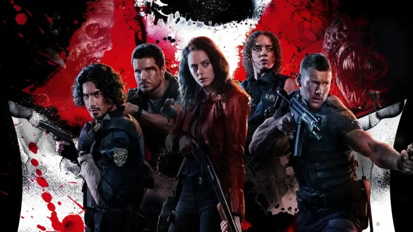 Bannière du film Resident Evil : Bienvenue à Raccoon City écrit et réalisé par Johannes Roberts avec Kaya Scodelario, Hannah John-Kamen, Robbie Amell, Tom Hopper et Avan Jogia.