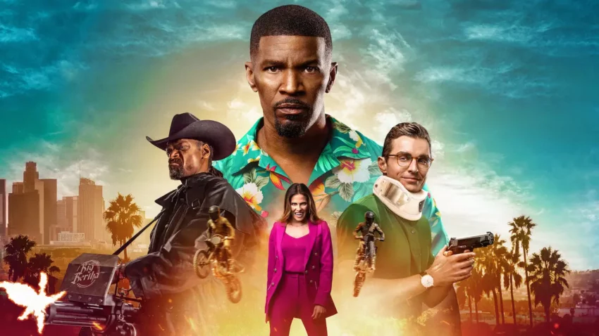 Bannière du film Day Shift réalisé par J.J. Perry d'après un scénario de Tyler Tice et Shay Hatten avec Jamie Foxx, Dave Franco, Karla Souza et Snoop Dogg.