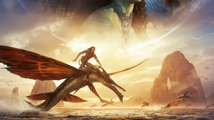 Bannière du film Avatar : La voie de l’eau réalisé par James Cameron, d’après un scénario de James Cameron et Josh Friedman, avec Michelle Yeoh, Zoe Saldana, Sam Worthington, Kate Winslet, Giovanni Ribisi, Sigourney Weaver, Jemaine Clement, Stephen Lang, Edie Falco.