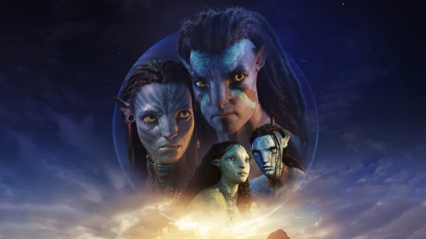 Bannière du film Avatar : La voie de l’eau réalisé par James Cameron avec Sam Worthington et Zoe Saldana.
