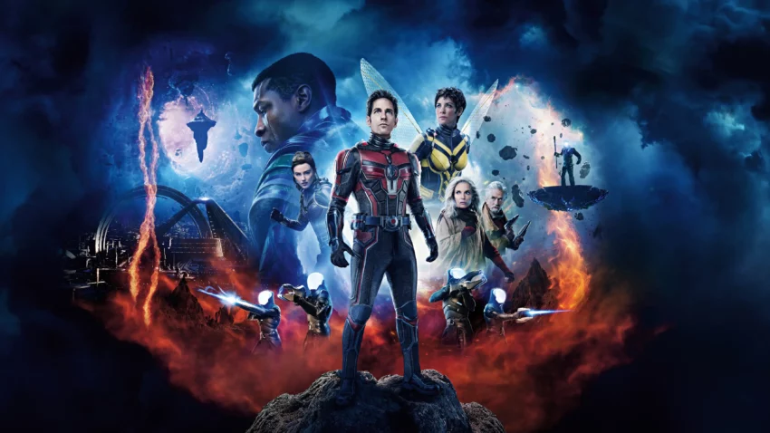 Bannière du film Ant-Man et la Guêpe : Quantumania avec Paul Rudd, Evangeline Lilly, Jonathan Majors, Kathryn Newton et Michelle Pfeiffer.