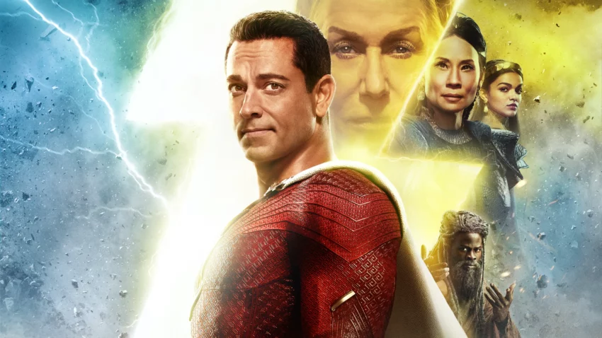 Bannière du film Shazam! La Rage des Dieux avec Zachary Levi, Rachel Zegler, Lucy Liu, Djimon Hounsou et Helen Mirren.