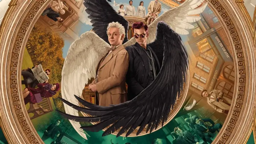 Bannière de la mini-série Good Omens 2 avec Michael Sheen et David Tennant.