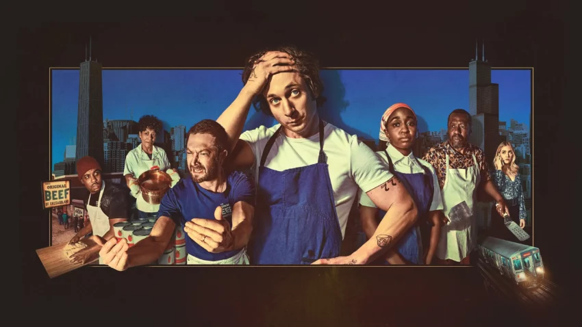 Bannière de la saison 1 de la série The Bear avec Jeremy Allen White, Ebon Moss-Bachrach, Ayo Edebiri, Lionel Boyce, Liza Colón-Zayas, Abby Elliott et Matty Matheson.