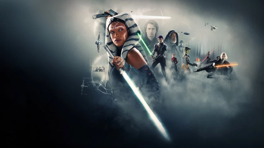 Bannière de la saison 1 de la série Ahsoka avec Rosario Dawson, Natasha Liu Bordizzo, Mary Elizabeth Winstead, Ray Stevenson et Hayden Christensen.