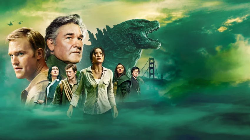 Bannière de la saison 1 de la série Monarch : Legacy of Monsters avec Anna Sawai, Kiersey Clemons, Ren Watabe, Wyatt Russell, Kurt Russell.