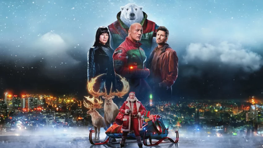 Bannière du film Red One avec Dwayne Johnson, Chris Evans, Lucy Liu et J.K. Simmons.