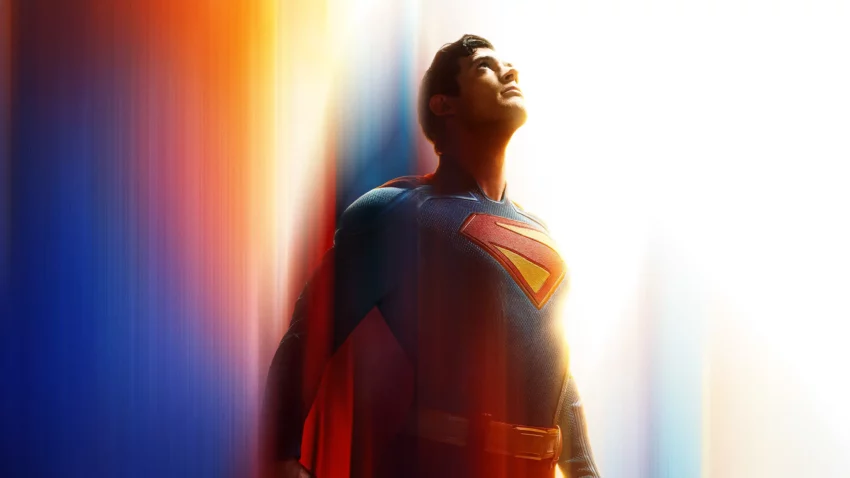 Bannière du film Superman (2025) avec David Corenswet.