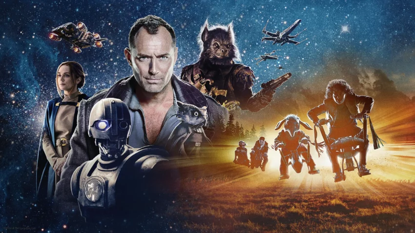 Bannière de la saison 1 de la série Skeleton Crew avec Jude Law, Ravi Cabot-Conyers, Ryan Kiera Armstrong, Kyriana Kratter, Robert Timothy Smith, Nick Frost, Tunde Adebimpe, Kerry Condon.