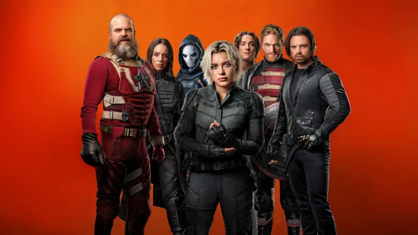 Bannière du film Thunderbolts* avec Florence Pugh, Lewis Pullman, Sebastian Stan, Olga Kurylenko, Hannah John-Kamen, David Harbour, Julia Louis-Dreyfus et Wyatt Russell.
