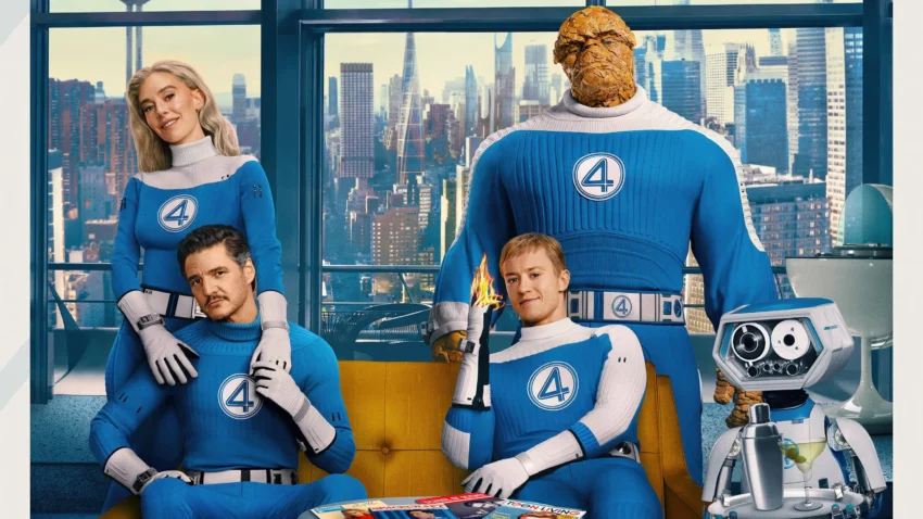 Bannière du film Les 4 Fantastiques : Premiers pas avec Pedro Pascal, Vanessa Kirby, Joseph Quinn et Ebon Moss-Bachrach.