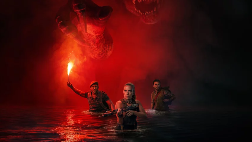 Bannière du film Jurassic World : Renaissance réalisé par Gareth Edwards avec Scarlett Johansson, Mahershala Ali et Jonathan Bailey.