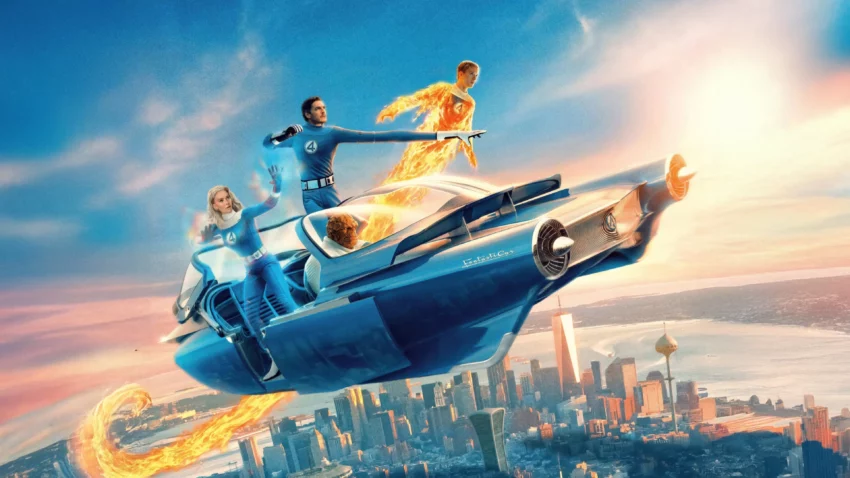 Bannière du film Les 4 Fantastiques : Premiers pas avec Pedro Pascal, Vanessa Kirby, Joseph Quinn et Ebon Moss-Bachrach.
