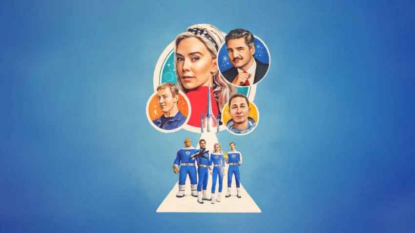 Bannière du film Les 4 Fantastiques : Premiers pas avec Pedro Pascal, Vanessa Kirby, Joseph Quinn et Ebon Moss-Bachrach.