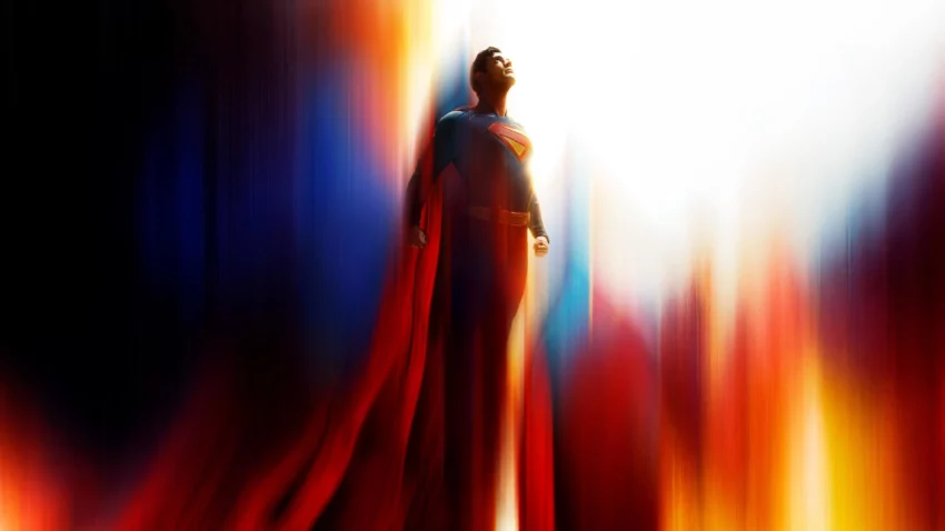 Bannière du film Superman (2025) avec David Corenswet.