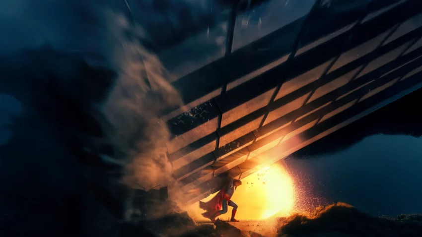 Bannière du film Superman (2025) avec David Corenswet.