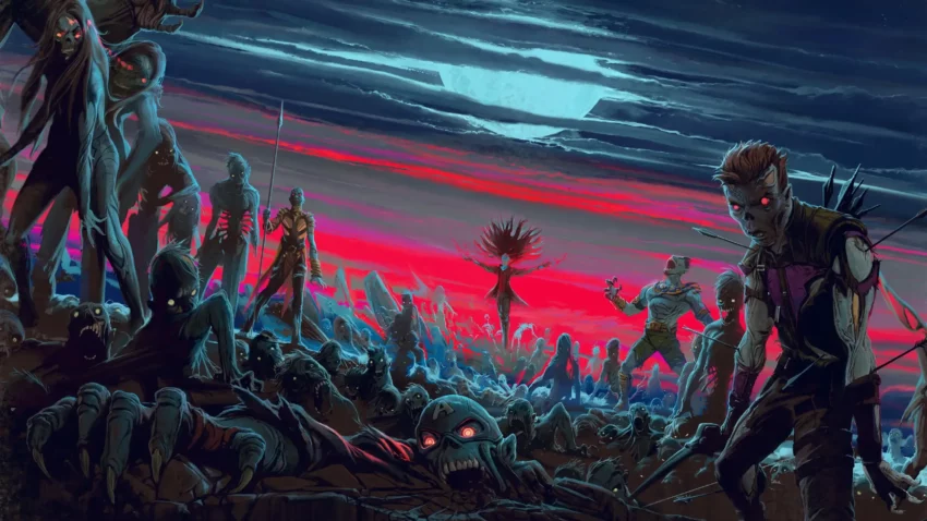 Bannière de la mini-série Marvel Zombies créée par Zeb Wells et réalisée par Bryan Andrews avec Elizabeth Olsen, Paul Rudd, Florence Pugh, David Harbour, Tessa Thompson, Simu Liu, Awkwafina, Hailee Steinfeld, Wyatt Russell, Randall Park, Iman Vellani et Dominique Thorne.