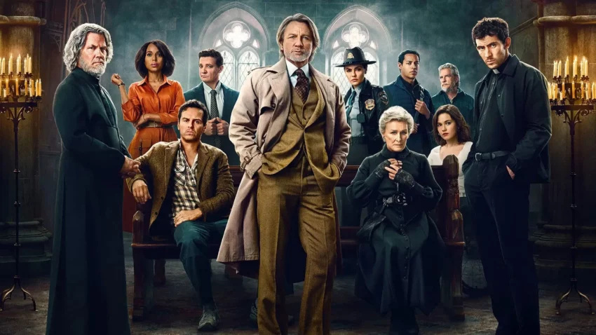 Bannière du film Netflix de 2025, Wake Up Dead Man : Une histoire à couteaux tirés, avec Daniel Craig, Josh O’Connor, Glenn Close, Josh Brolin, Mila Kunis, Jeremy Renner, Kerry Washington, Andrew Scott, Cailee Spaeny, Daryl McCormack.