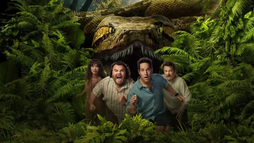 Bannière du film Anaconda (2025) avec Jack Black, Paul Rudd, Steve Zahn et Thandiwe Newton.