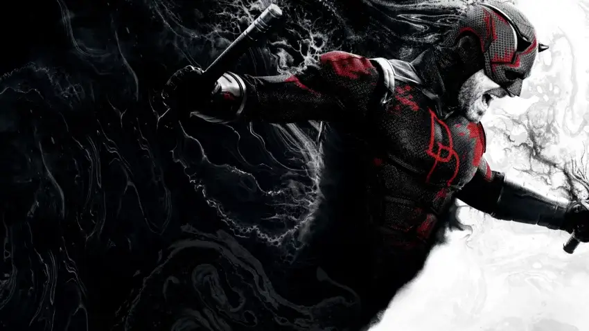 Bannière de la saison 2 de la série Daredevil : Born Again avec une des deux facettes de la ville : Charlie Cox.