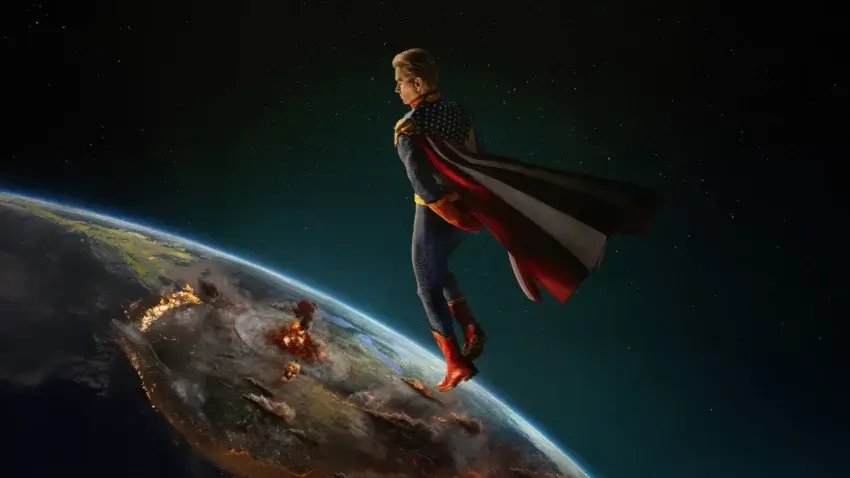 Bannière de la saison 5 de la série The Boys (2026) avec Homelander / Le Protecteur.