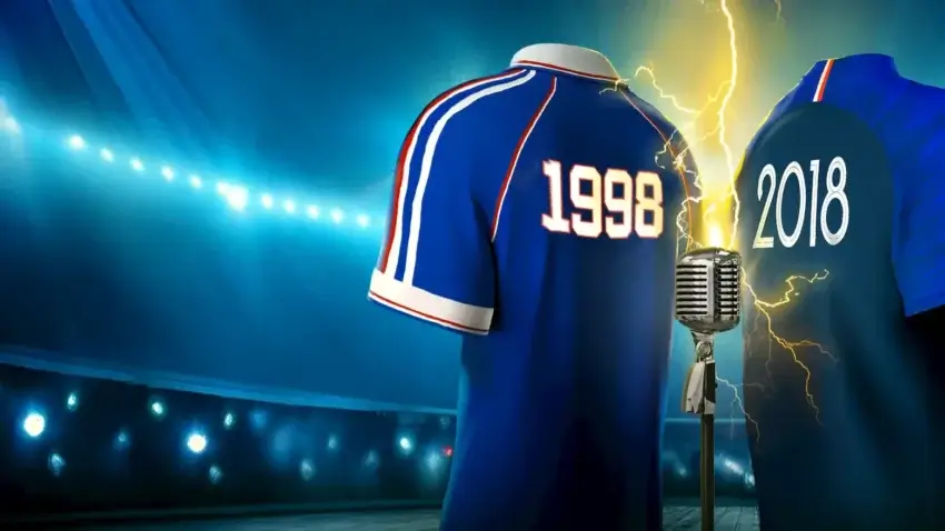 Bannière de l'émission Dans la Sauce avec les Champions du monde 1998 contre 2018.