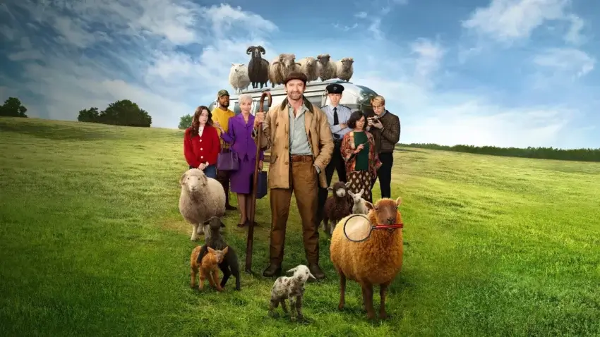 Bannière du film Les Moutons Détectives (2026) avec Hugh Jackman.