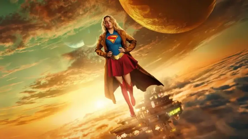 Bannière du film DCU de 2026, Supergirl, avec Milly Alcock.