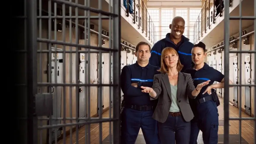 Bannière de la saison 1 de la série Surveillant ! (2026) avec Audrey Lamy, Jean-Pascal Zadi, Benjamin Tranié et Eva Huault.